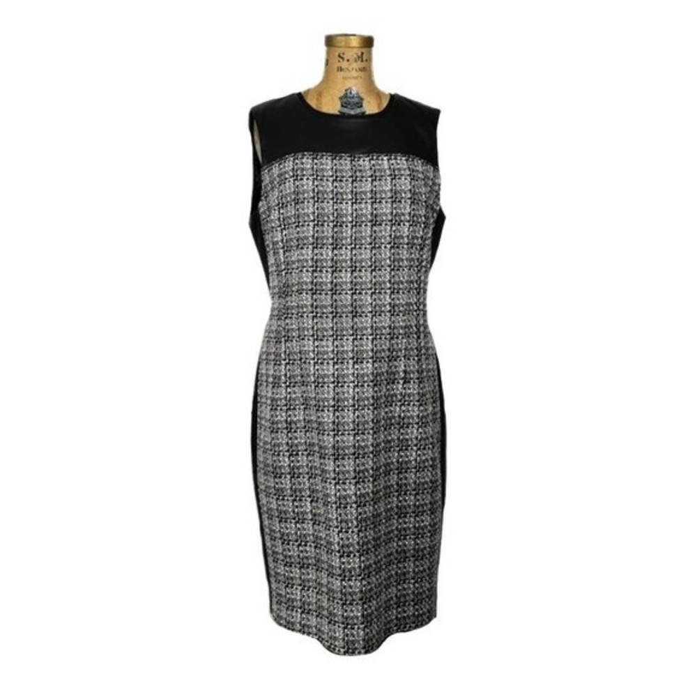 Tahari Black Midi Pencil Dress Tweed Leather